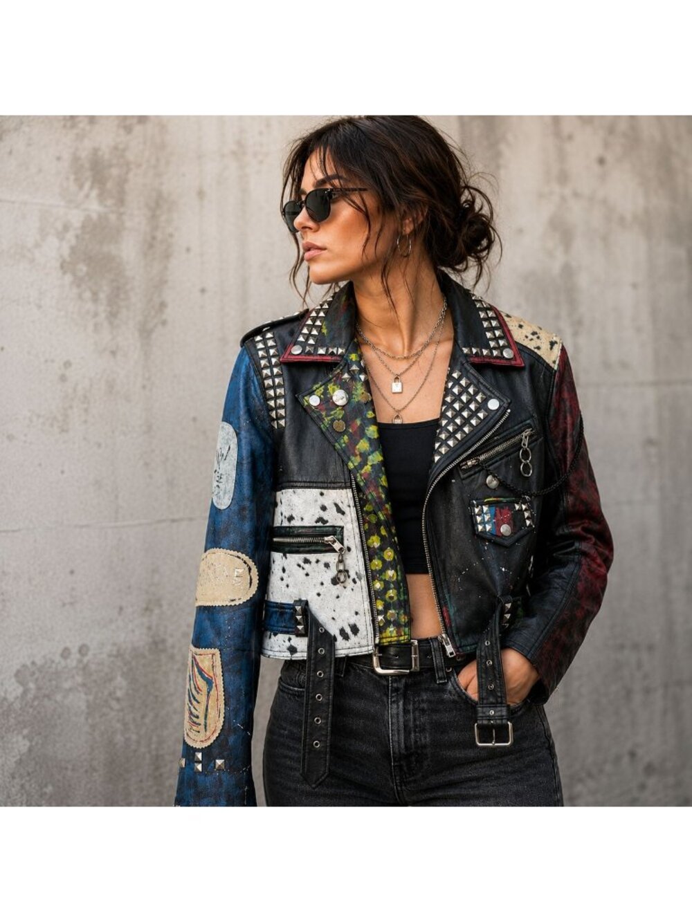 Rare Zara Leather Battle Jacket Women M Studded Graffiti Patchwork Punk Moto M